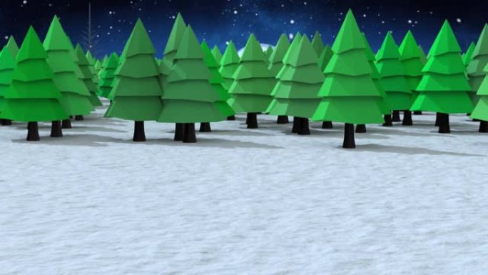 雪落在夜空中月亮的冬季景观上的多棵树上