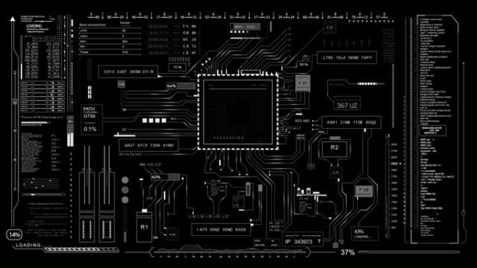 PNG Alpha。技术主板电路HUD与编程文本和信息图元素出现动画。抽象技术背景。连接