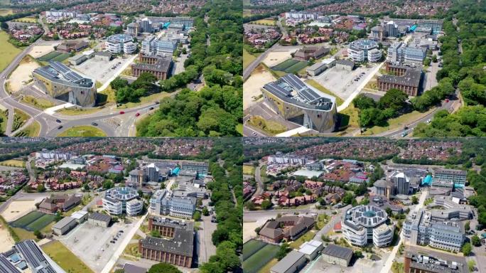 伯恩茅斯大学，塔尔博特校园建筑的航拍画面从上方显示了伯恩茅斯艺术大学，学生村，融合大楼，医学中心