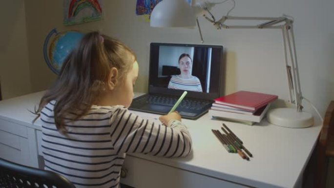 可爱的高加索学龄前女孩，一个学生孩子，老师用笔记本电脑在线学习，在线远程学习，在家虚拟视频会议上与相