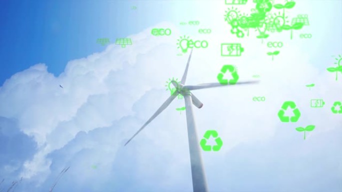 生态理念与环境、可持续能源发展。可持续资源概念。风力涡轮机电源按钮