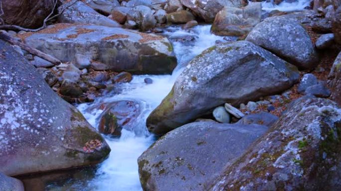 一条纯净的河流在河流的大石头之间流动