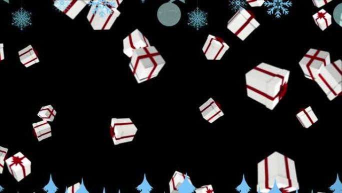 多个圣诞礼物图标上的圣诞树和装饰品落在蓝色背景下