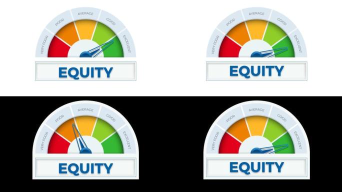 优秀的仪表权益。衡量公平水平的速度计。动画插图与色度键