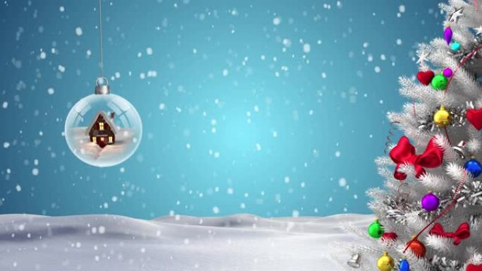 圣诞树的动画，装饰在小摆设上，雪落在冬天的风景上