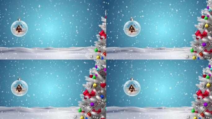 圣诞树的动画，装饰在小摆设上，雪落在冬天的风景上