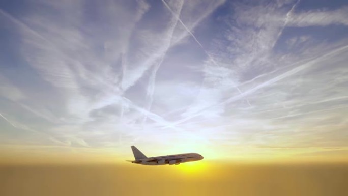 一架无品牌的商用飞机在金色的日落前高空飞行，飞机在天空中凝结
