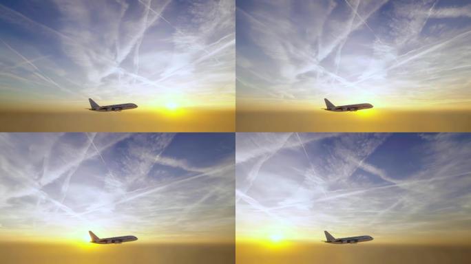 一架无品牌的商用飞机在金色的日落前高空飞行，飞机在天空中凝结