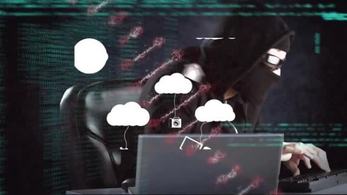 带有dna链上图标的云动画，使用笔记本电脑和数据处理的黑客