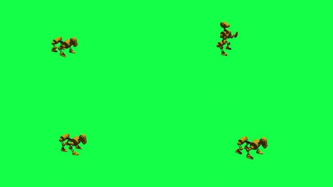 狗机器人在绿屏上行走和跳舞的动画，色键