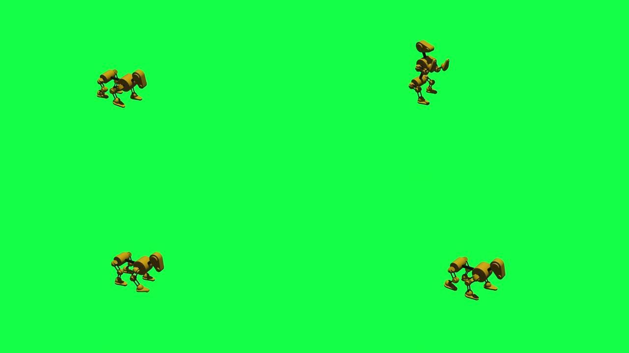 狗机器人在绿屏上行走和跳舞的动画，色键