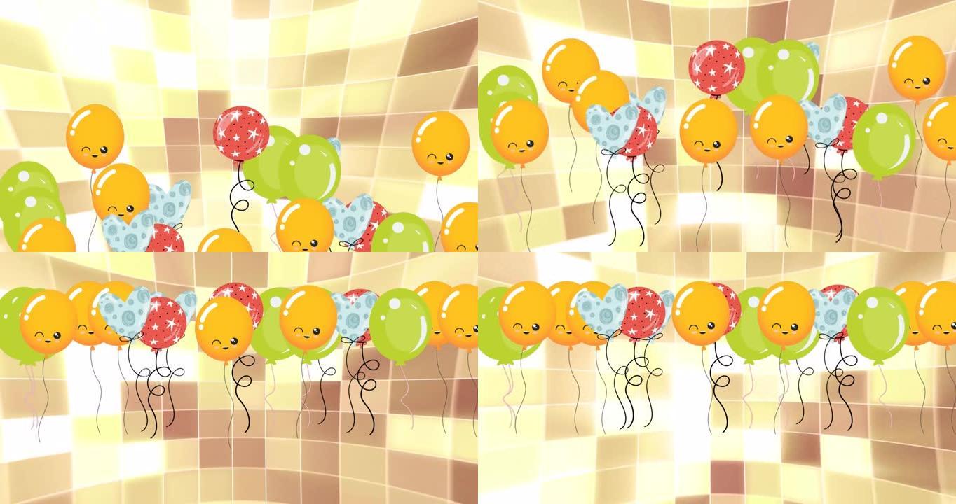彩色派对气球在闪烁的棕色和黄色灯光上的动画