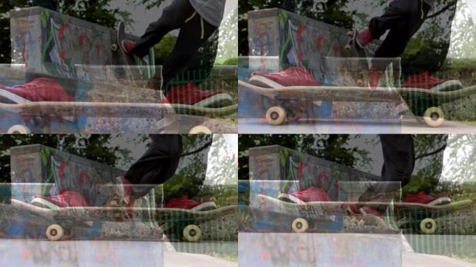 滑板手的腿在背景中跳跃的另一个滑板手的动画