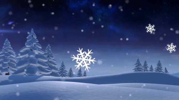 圣诞节时，冬天的风景和树木上雪花飘落的动画