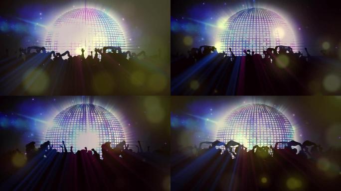 在音乐场所跳舞的人群动画，带有镜球旋转和五颜六色的灯光