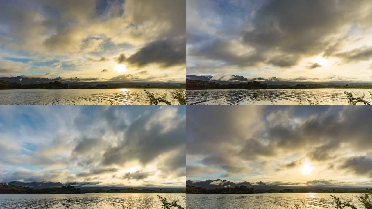 日出时湖上五颜六色的戏剧性天空，Timelaspe视频