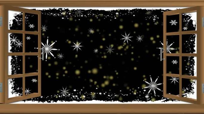 夜空中雪花和圣诞节和新年烟花爆炸的开窗动画