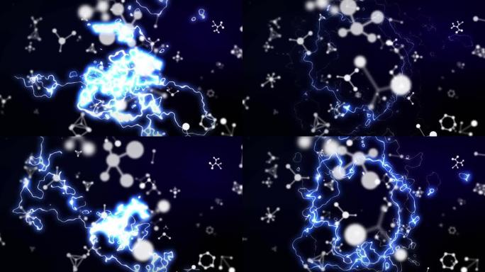 黑色背景上白色分子结构上发光蓝色电流的动画