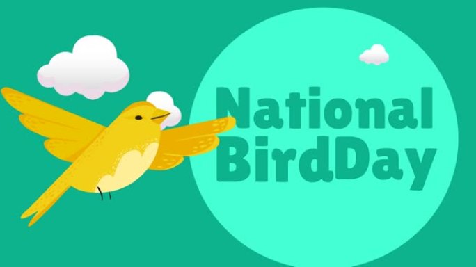动画国家鸟类日文本蓝色，黄色的鸟和云在蓝色的天空背景