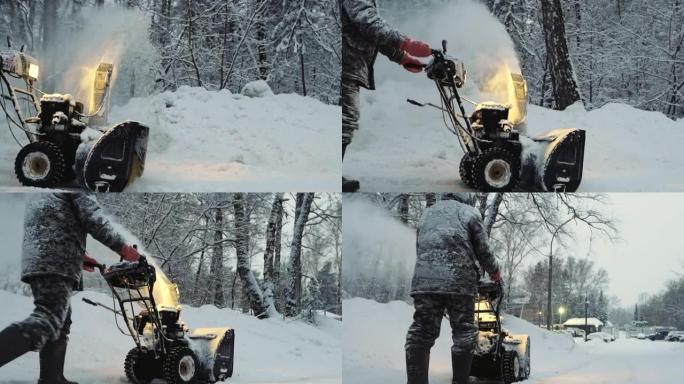 冰雪覆盖的男子冬季用鼓风机、除雪设备清理道路