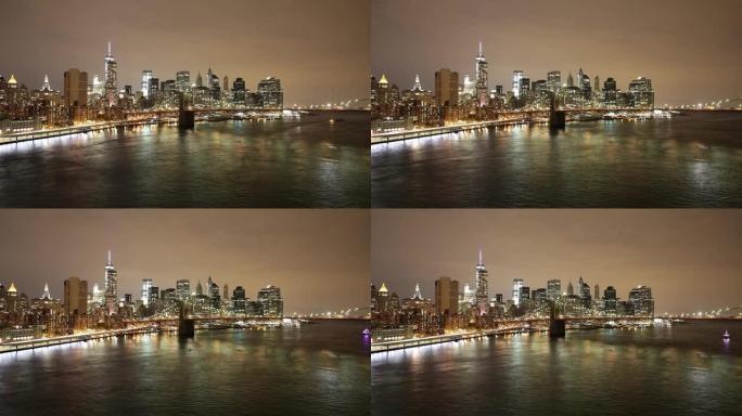 夜光彩色曼哈顿大桥景观4k延时