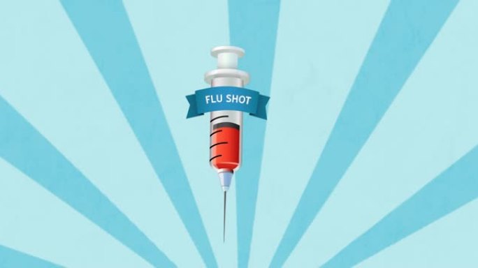 蓝色背景上的注射器图标上的流感射击文本动画