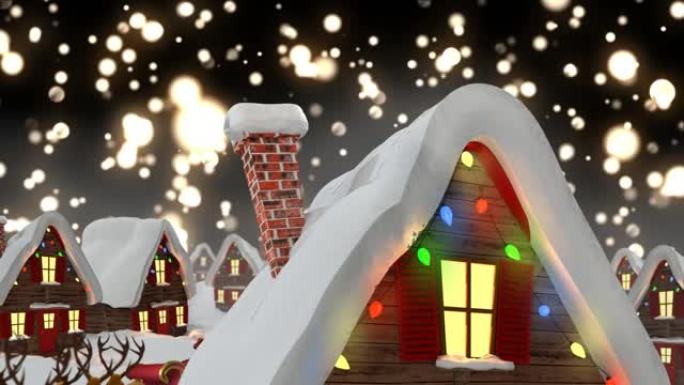 黑色背景上装饰房屋和光点的冬季风景动画
