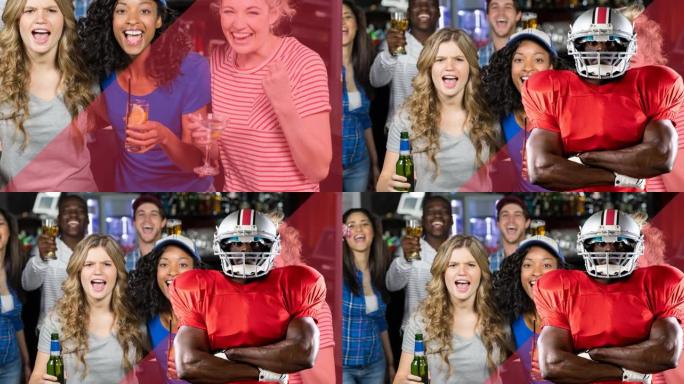 男美式足球运动员在快乐的多样化体育迷在酒吧观看比赛的动画
