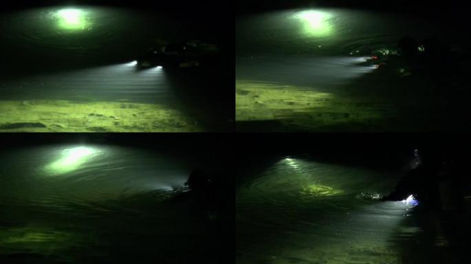 河流夜间潜水的潜水员表面