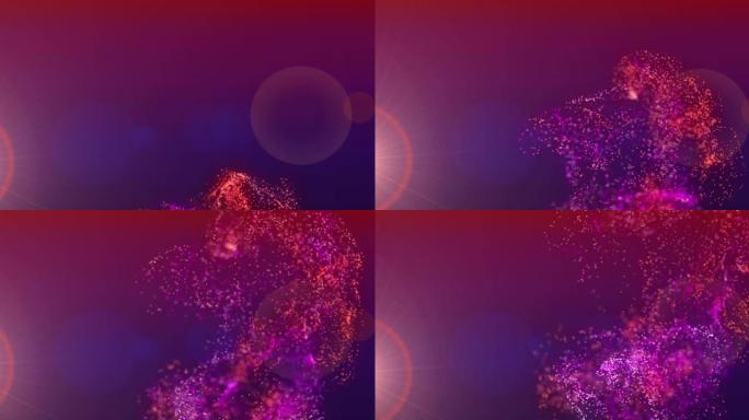 粉红色和红色粒子云与红色光在紫色背景上移动的动画