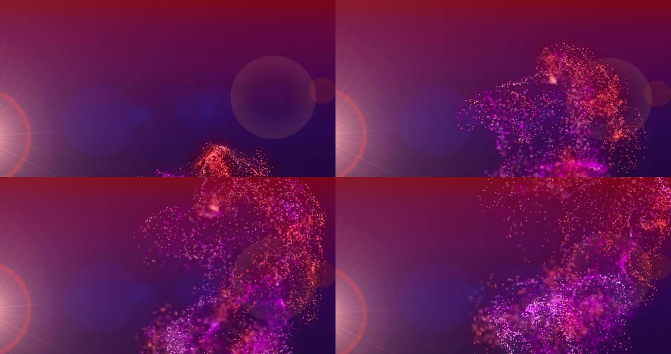 粉红色和红色粒子云与红色光在紫色背景上移动的动画