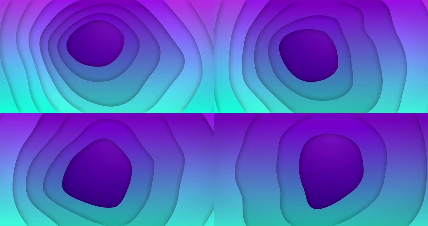 旋转蓝色和紫色有机形式在紫色背景上移动的动画