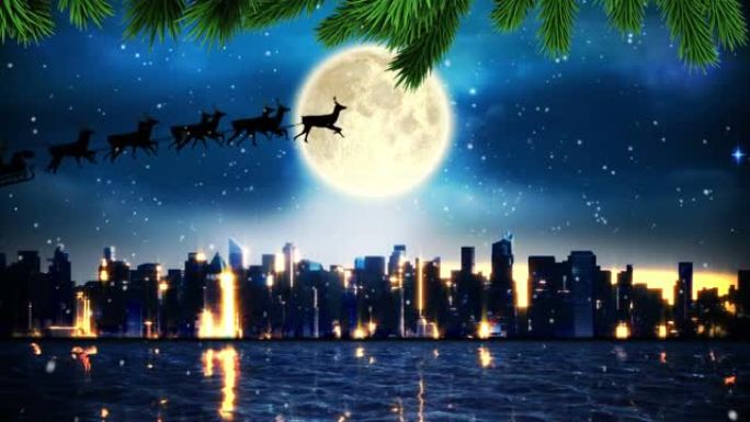 绿树树枝上的圣诞老人在雪橇上被驯鹿拉到城市景观上