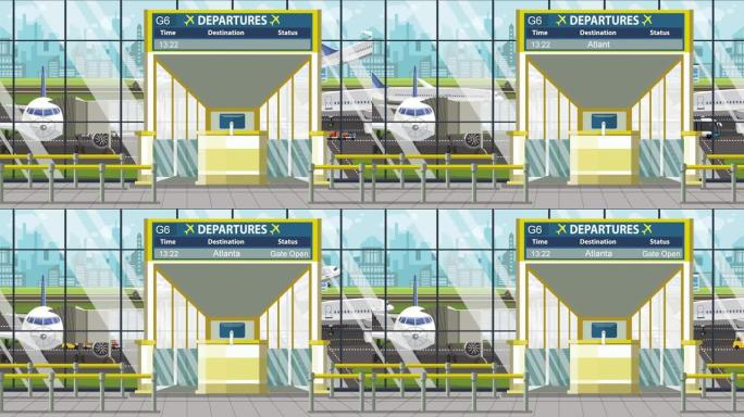 机场大门。带亚特兰大文本的出发板。赴美旅游相关可循环卡通动画