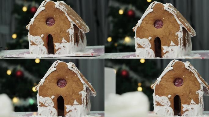 自制姜饼屋，雪为圣诞装饰，慢动作。
