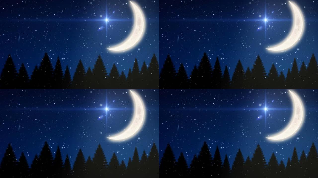 蓝色背景上的新月，星星和圣诞树上的雪的动画