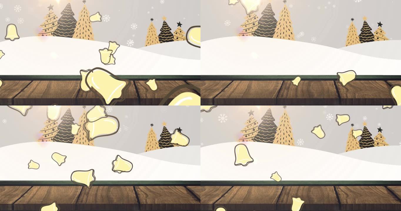 雪花和钟声落在圣诞树和冬季景观上的动画