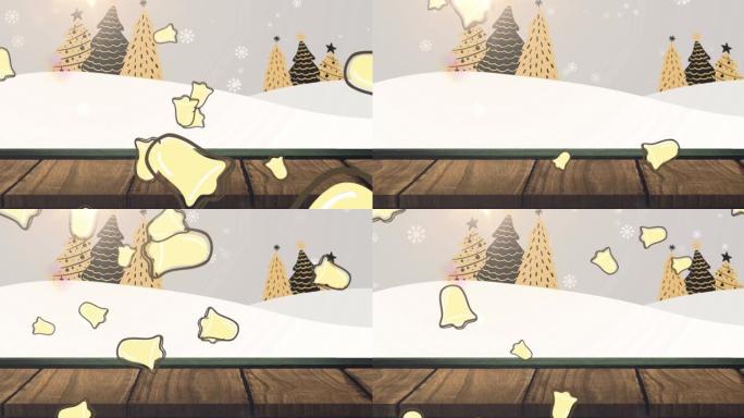 雪花和钟声落在圣诞树和冬季景观上的动画