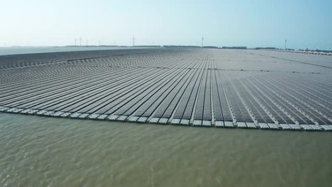 浮式太阳能发电厂和风力发电机场的鸟瞰图