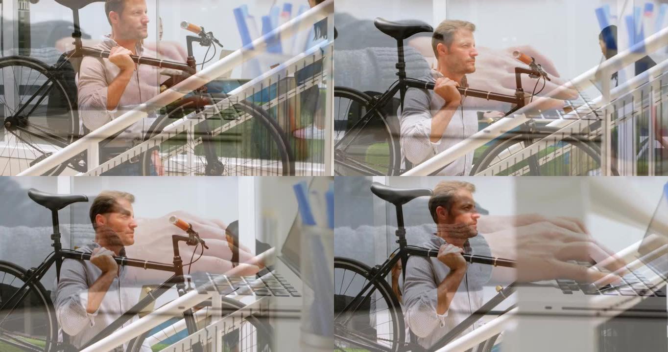 用笔记本电脑在商人爬楼梯上骑自行车的手的动画