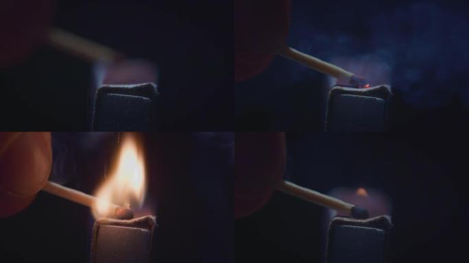 火柴杆上有火。火柴棍在macro slowmo的火柴盒上开火。黑色背景下点燃比赛的宏观镜头。燃烧火柴