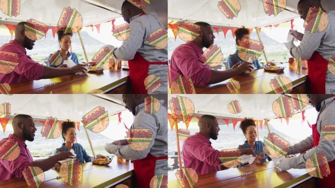 为微笑的顾客服务的非洲裔美国男性食品供应商的汉堡包动画