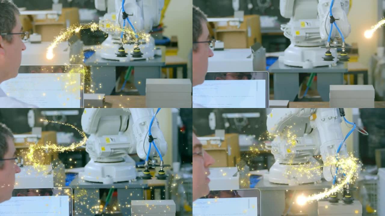 用机器人拍摄男性科学家的流星动画
