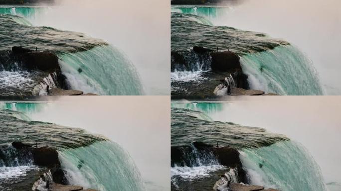 巨大的水流落下-雄伟的尼亚加拉瀑布，从美国一侧可以看到。4k 120 fps视频