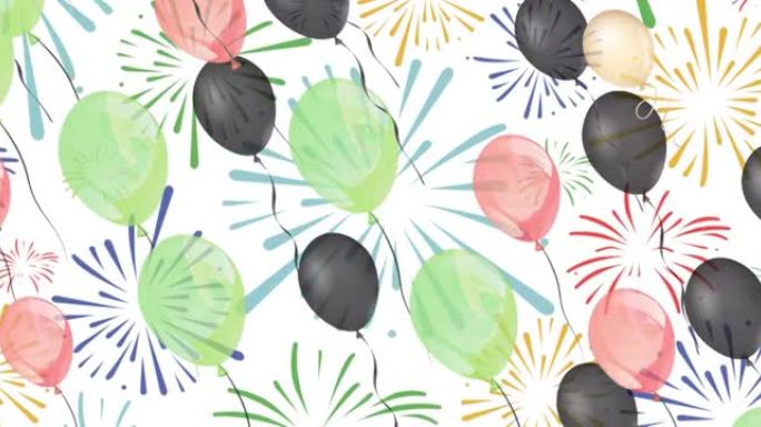 白色背景上的派对气球在烟花爆炸上移动的插图动画