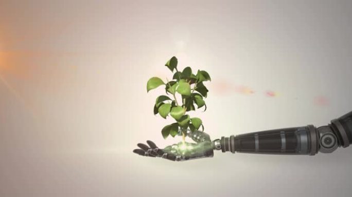 机器人手臂手中的植物生长动画，灰色背景上的橙色光