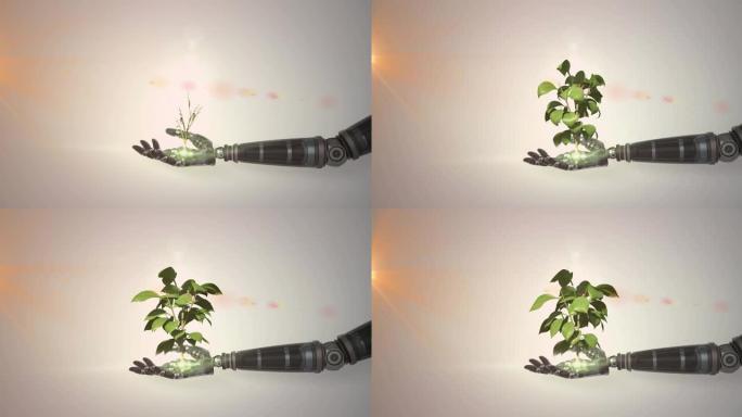 机器人手臂手中的植物生长动画，灰色背景上的橙色光