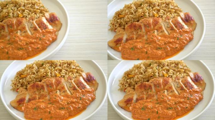 烤鸡排配红咖喱酱和米饭——清真风味