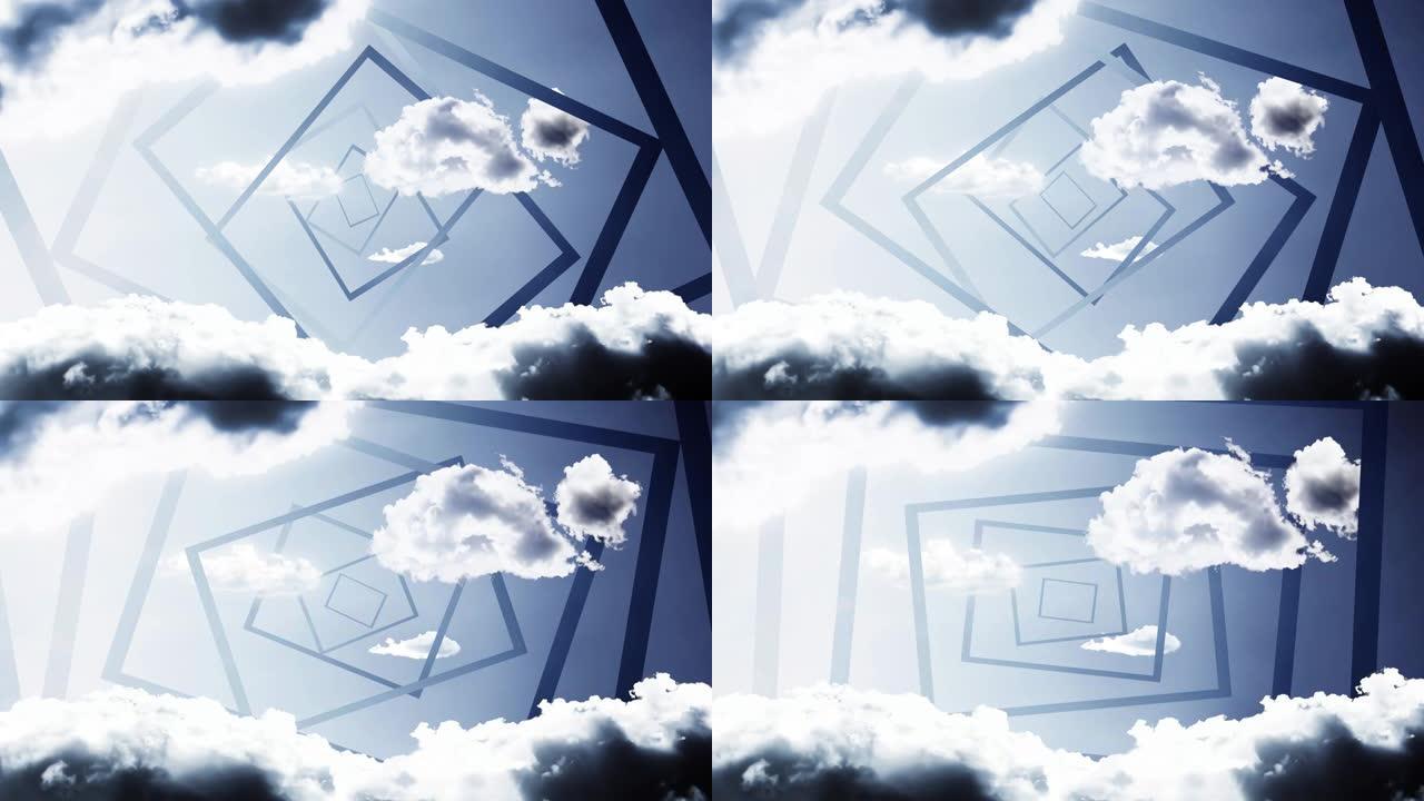 蓝天，云彩和矩形形式的褪色入口。具有视差效果的4K 3D创意视频动画。
