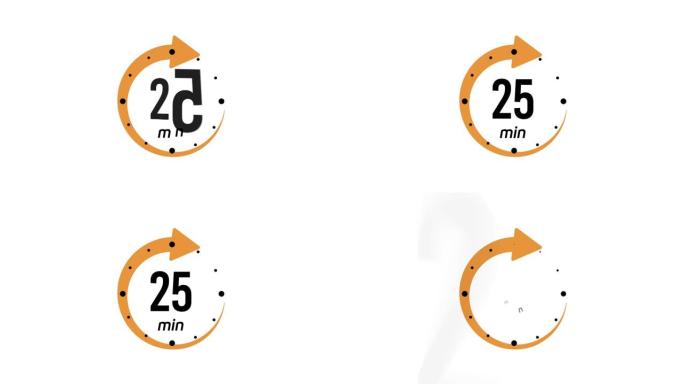 25分钟计时器符号颜色样式隔离在白色背景上。25分钟时间圈图标。动画计时器图标25分钟。时钟、秒表、